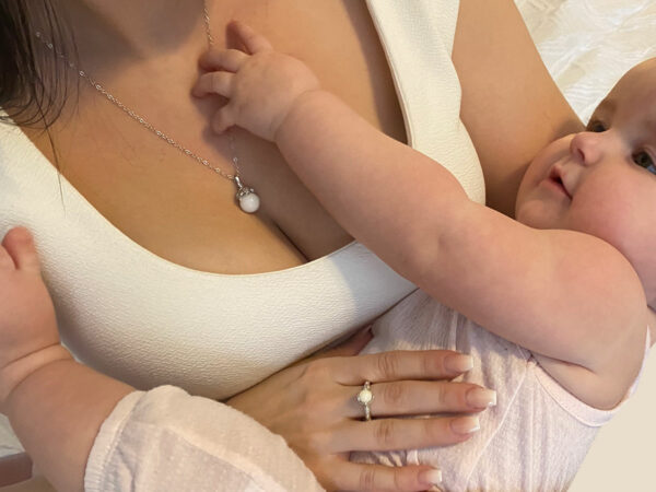 breastmilk jewelry sweet pea necklace pearl flower KeepsakeMom mother and baby model