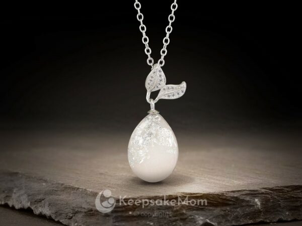 KeepsakeMom Breastmilk Jewelry Breastmilk Necklace, Silver Laurel, Silver With Silver Flakes