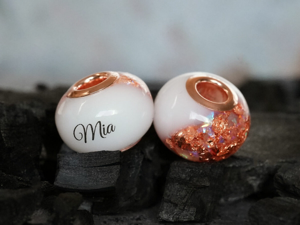 breastmilk jewelry bead with flakes rosegold opal childs name birth date keepsakemom