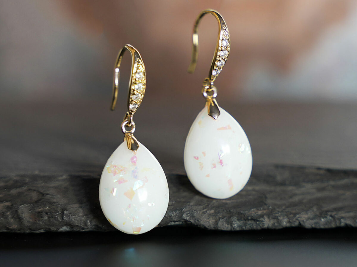 breastmilk jewelry earrings dangle drop KeepsakeMom yellow gold plated hooks with crystals and opal effect flakes