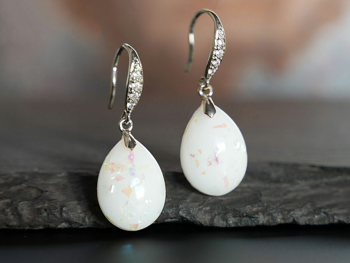 breastmilk jewelry earrings dangle drop KeepsakeMom sterling silver hook with crystals and opal effect flakes