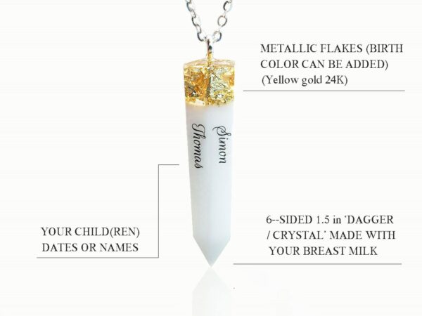 breast milk necklace pendant dagger or crystal shape with yellow gold flakes on the top and names in black on the faceted sides of the dagger on white background feature describing diagram from keepsakemom