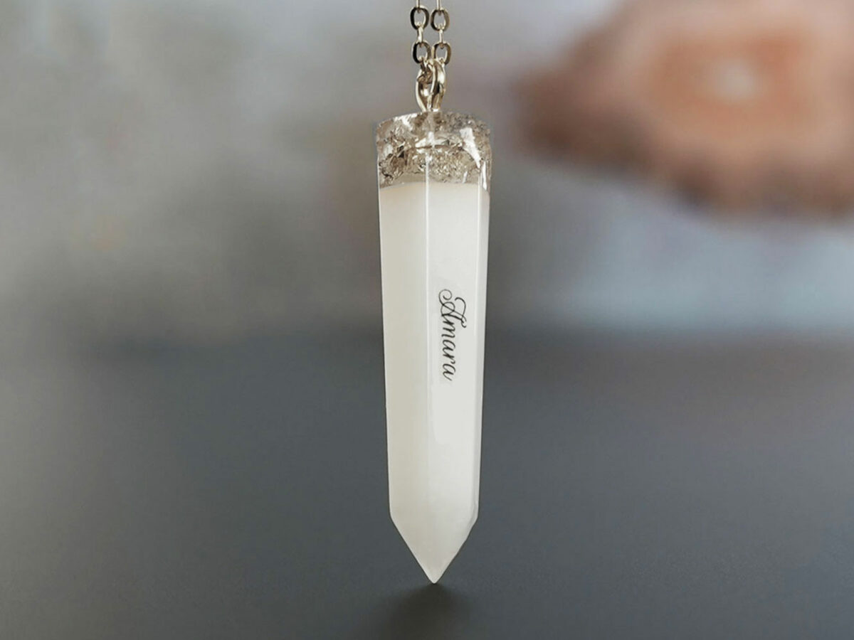Breastmilk Jewelry dagger crystal necklace with name and silver chain and flakes KeepsakeMom