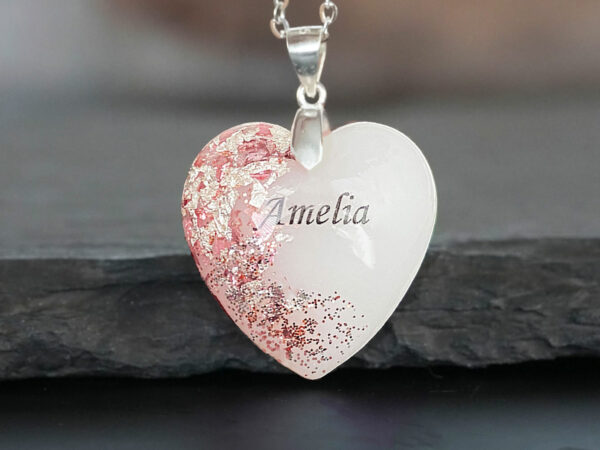 Breastmilk jewelry heart necklace with pink and silver flakes, chain and bail and baby name lock of hair pink KeepsakeMom