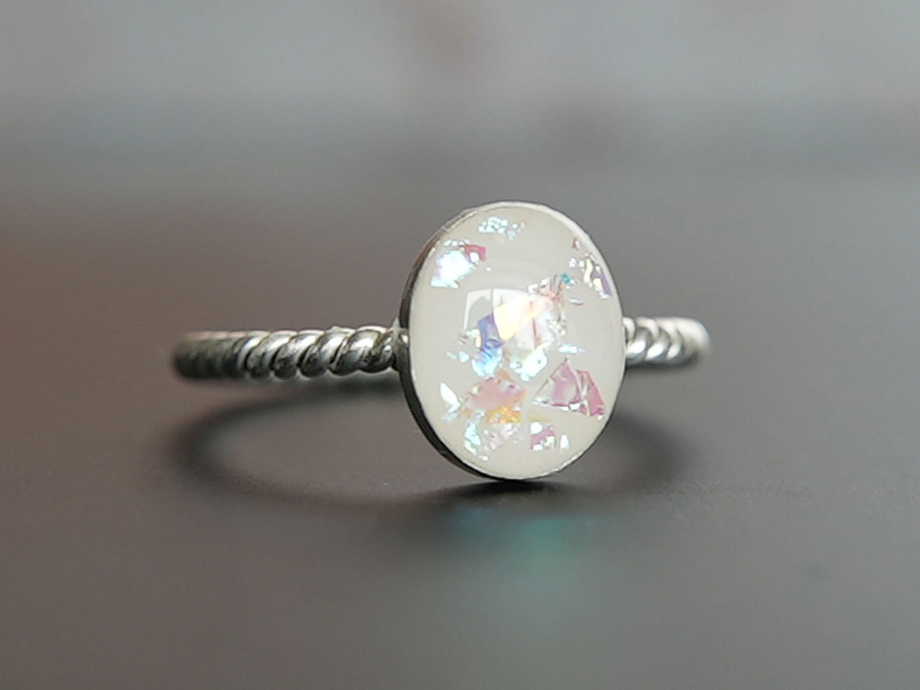 breastmilk jewelry oval ring KeepsakeMom sterling silver opal flakes