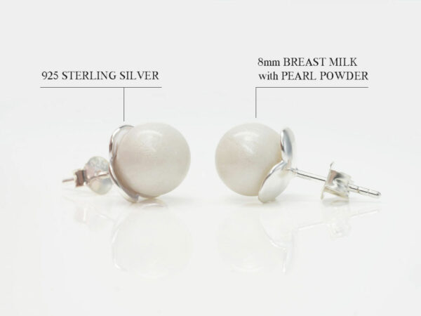 breast milk jewelry studded pearl shaped earrings with sterling silver flower-like backs on white background from KeepsakeMom