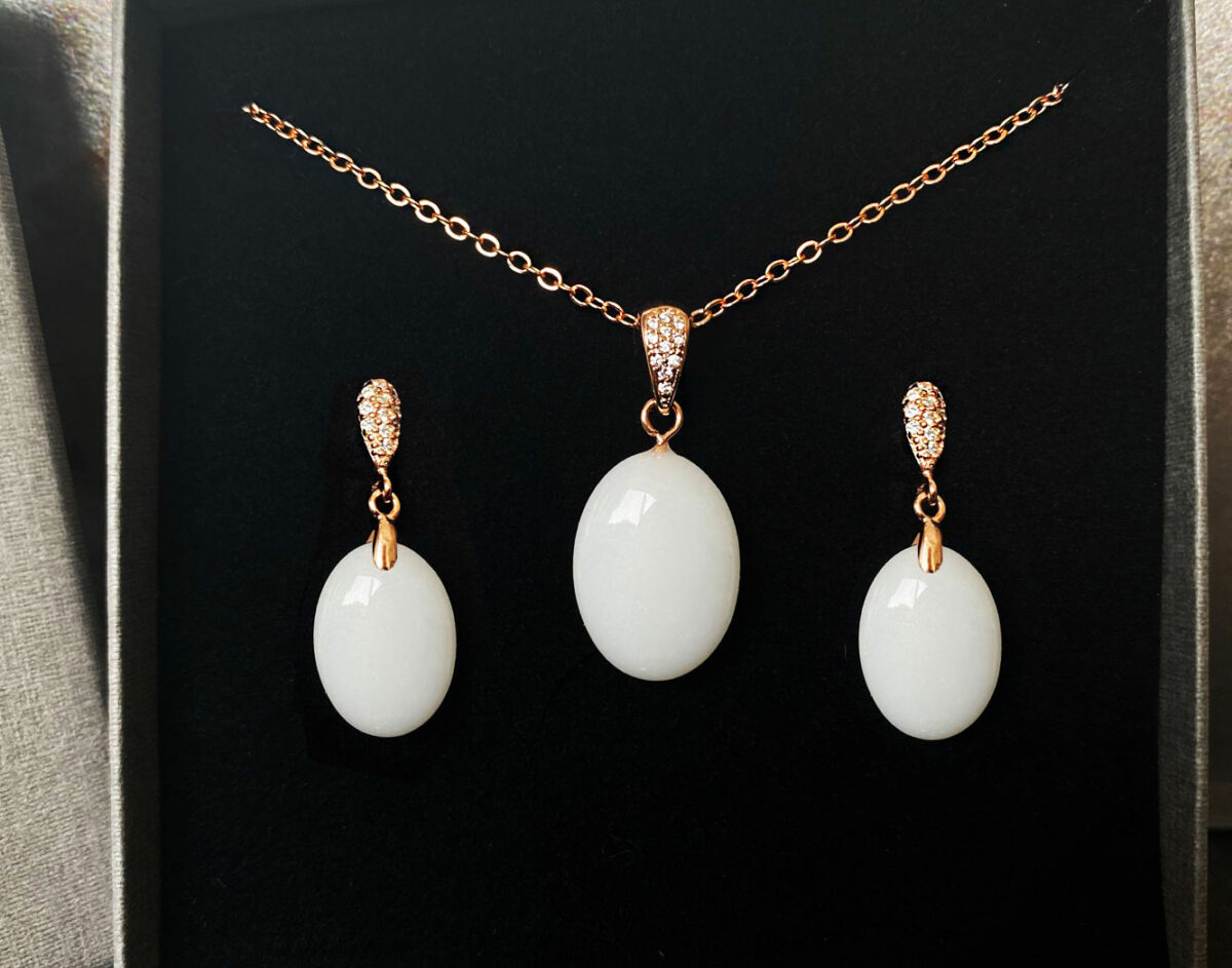 breastmilk jewelry set oval earrings and necklace with opal effect flakes from KeepsakeMom rose gold setting