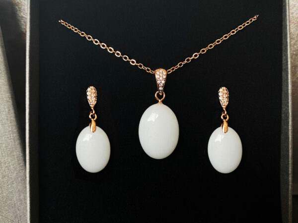 breastmilk jewelry set oval earrings and necklace with opal effect flakes from KeepsakeMom rose gold setting