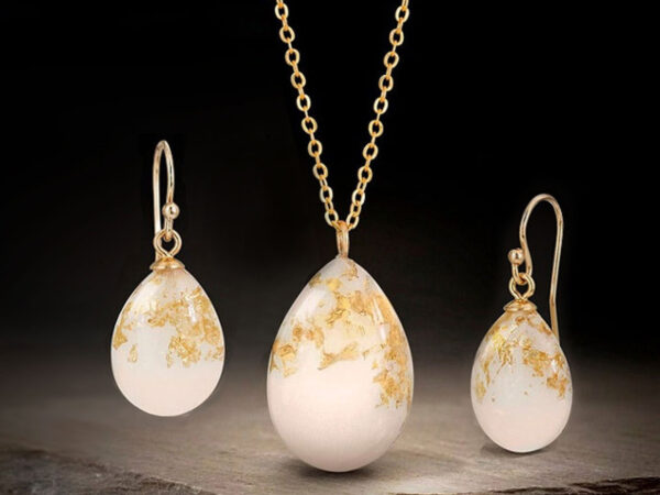 breastmilk jewelry set teardrops earrings and necklace with gold flakes from KeepsakeMom