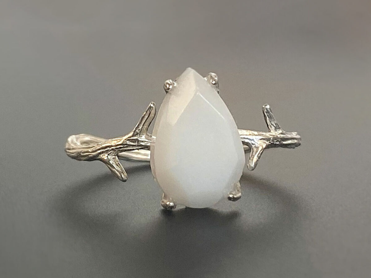 sterling silver teardrop-shaped breast milk ring with branch band from KeepsakeMom