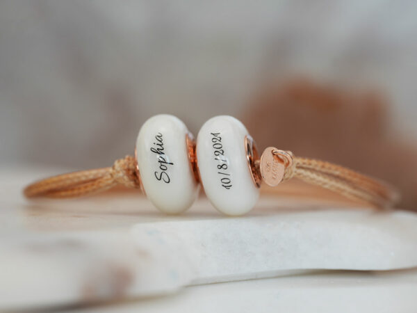 breastmilk jewelry bead bracelet with childs name birth date rosegold keepsakemom
