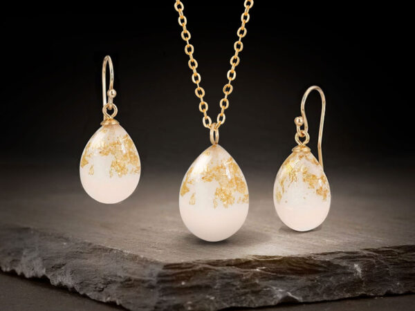 breastmilk jewelry set teardrops earrings and necklace with gold flakes from KeepsakeMom