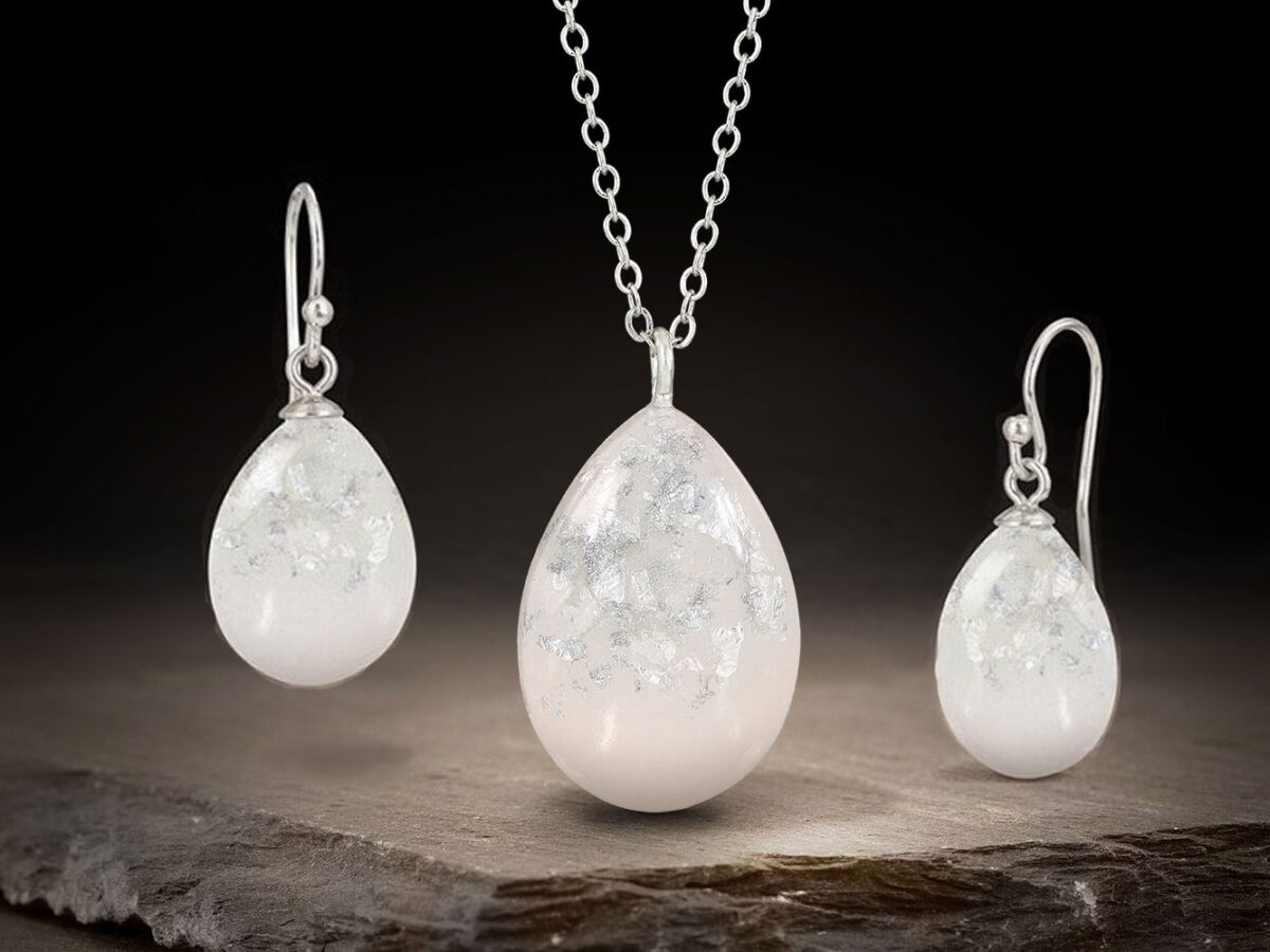 breastmilk jewelry set teardrops earrings and necklace with sterling silver flakes from KeepsakeMom