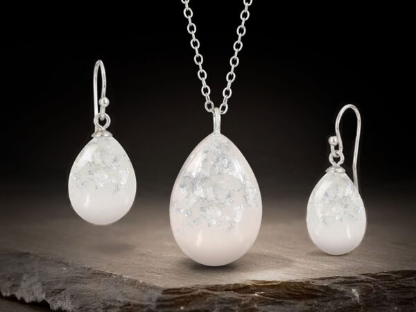 breastmilk jewelry set teardrops earrings and necklace with sterling silver flakes from KeepsakeMom