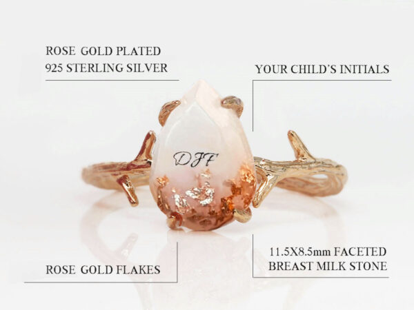 breastmilk sterling silver faceted teardrop shaped ring rose gold plated with baby initials on the stone band branch shaped diagram describing features on white background from keepsakemom