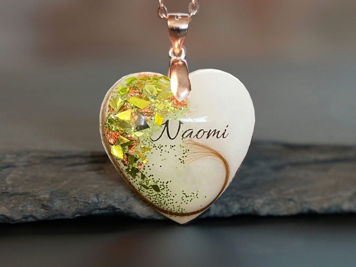 Breastmilk jewelry heart necklace with green lime peridot august birth color and rose gold flakes, chain and bail and baby name KeepsakeMom
