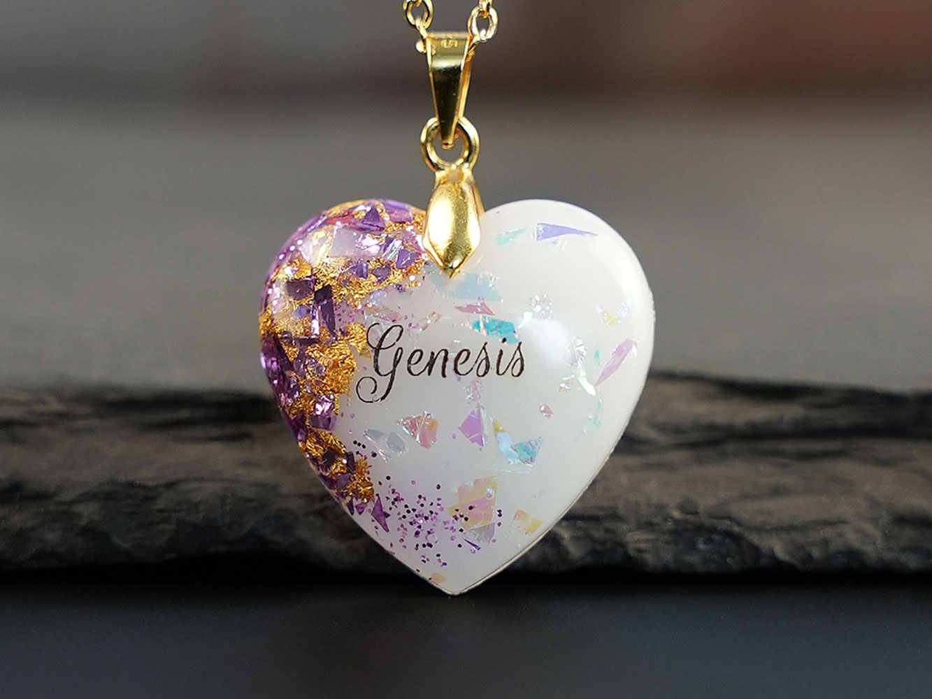 Breastmilk jewelry heart necklace with purple June or February birth color and yellow gold flakes, chain and bail and baby name KeepsakeMom