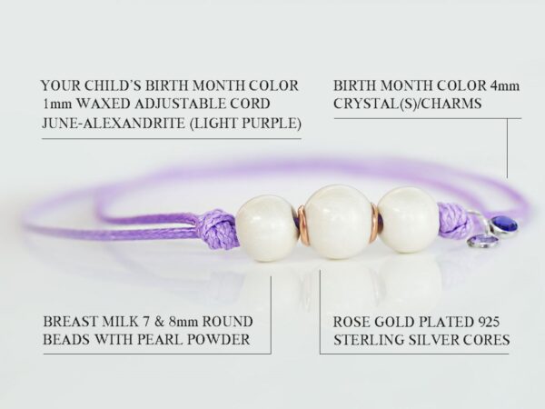 breast milk jewelry bracelet on a white background three pearl beads made with breastmilk with name on the bead and with lavender color cord and purple charms from KeepsakeMom