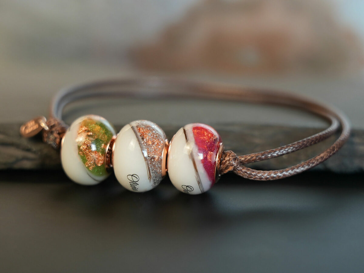 breastmilk jewelry bead bracelet with birth color childs name birth date rosegold flakes hair inclusion keepsakemom