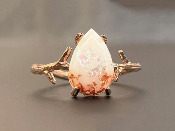 breastmilk jewelry drop branch ring mother nature rose gold opal flakes and rose gold flakes KeepsakeMom