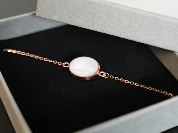 breastmilk jewelry disc bracelet rose gold keepsakemom in a box black foam