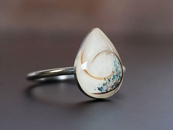 sterling silver teardrop ring, breast milk stone with light blue and opal flakes and hair from KeepsakeMom