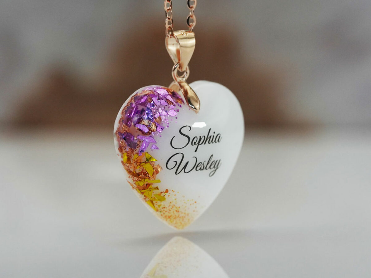 Breastmilk jewelry heart necklace with purple June or February and November citrine yellow birth color and yellow gold flakes, chain and bail and baby name KeepsakeMom