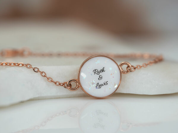 breastmilk jewelry disc bracelet with childs name birth date opal flakes rose gold from keepsakemom