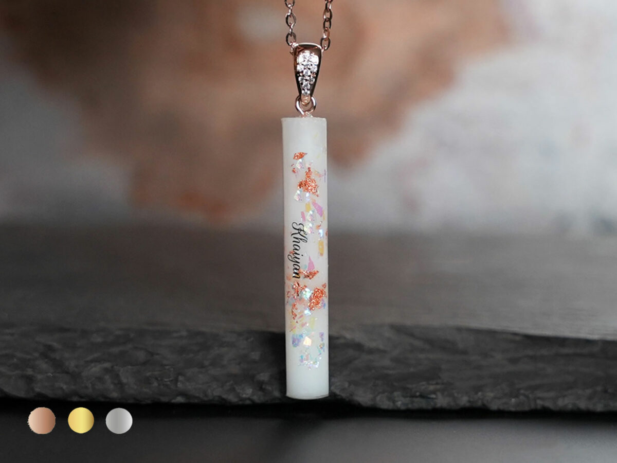 breastmilk jewelry stick bar necklace from Keepsakemom with opal flakes and rose chain