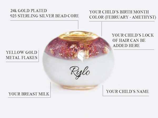 breast milk jewelry bead with yellow gold bead core, gold flakes and purple birth color on the top of the bead with baby name in the middle and bottom portion on the bead diagram describing features from keepsakemom on white background