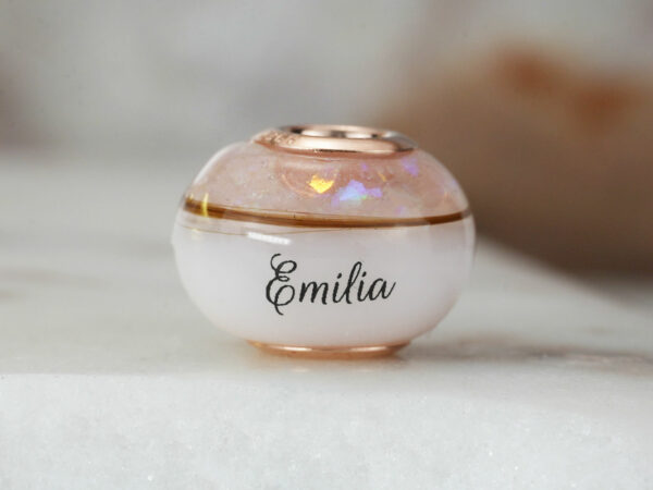 breastmilk jewelry bead with birth color childs name birth date rosegold hair inclusion keepsakemom