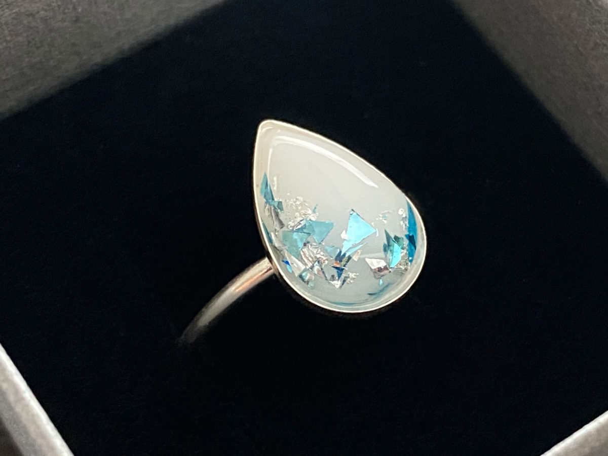 breastmilk jewelry sterling silver ring drop shaped KeepsakeMom blue flakes