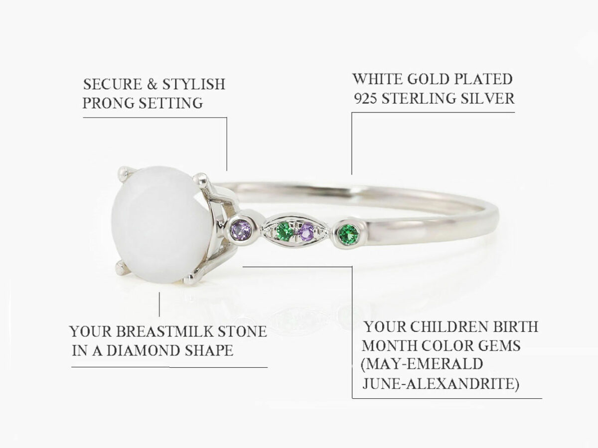 breastmilk sterling silver ring white gold plated side view with multi-colored crystals green and purple with diamond shaped stone diagram describing features on white background from keepsakemom