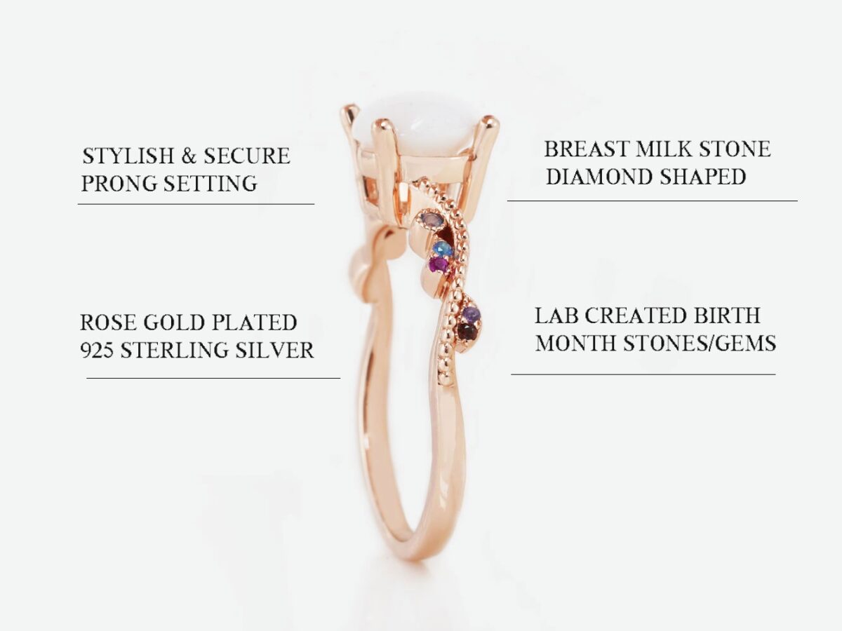 breastmilk sterling silver ring gold plated side view with multi-colored crystals with round stone at the top diagram describing features on white background from keepsakemom