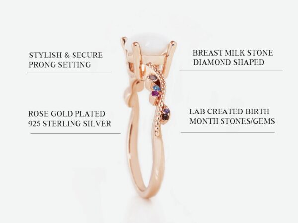 breastmilk sterling silver ring gold plated side view with multi-colored crystals with round stone at the top diagram describing features on white background from keepsakemom