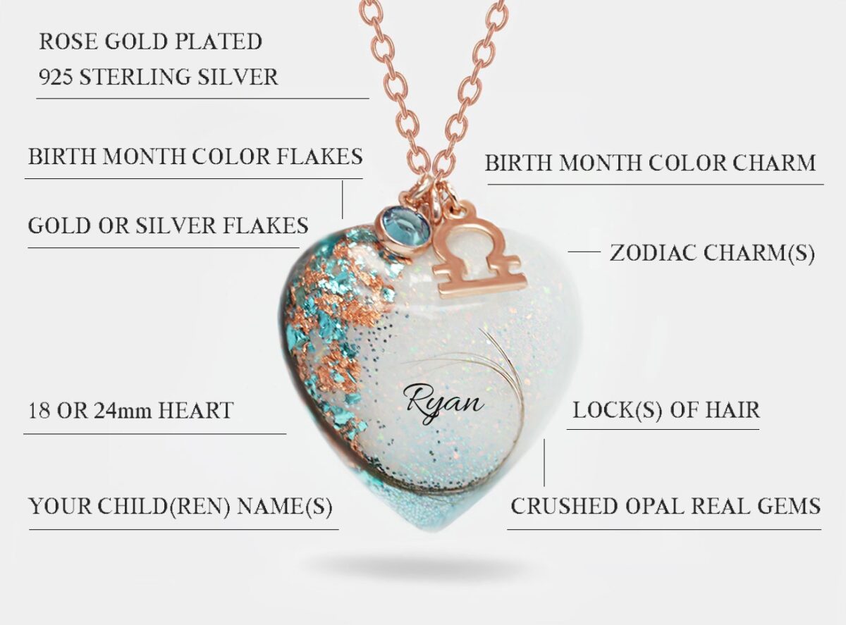 Breastmilk-jewelry-heart-necklace-birth-month-color-flakes-blue-rose-gold-keepsakemom-table