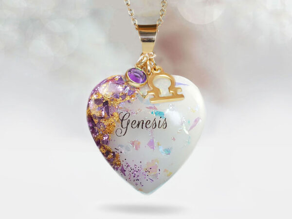 breast milk jewelry heart necklace with yellow gold and purple amethyst flakes and baby's name and purple charm with zodiac charm from keepsakemom