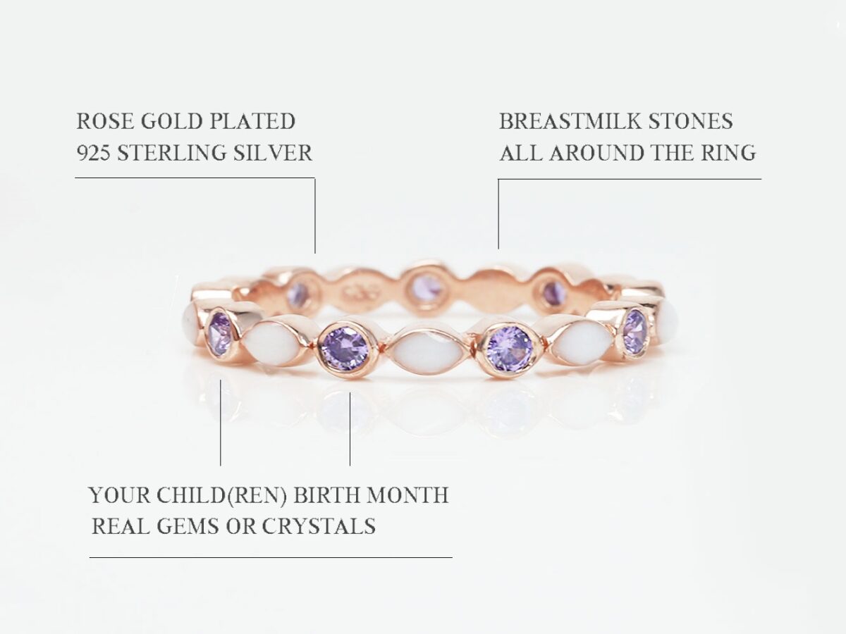 breastmilk sterling silver fine band marquise style ring rose gold plated with breastmilk stones and purple crystals alternating diagram describing features on white background from keepsakemom