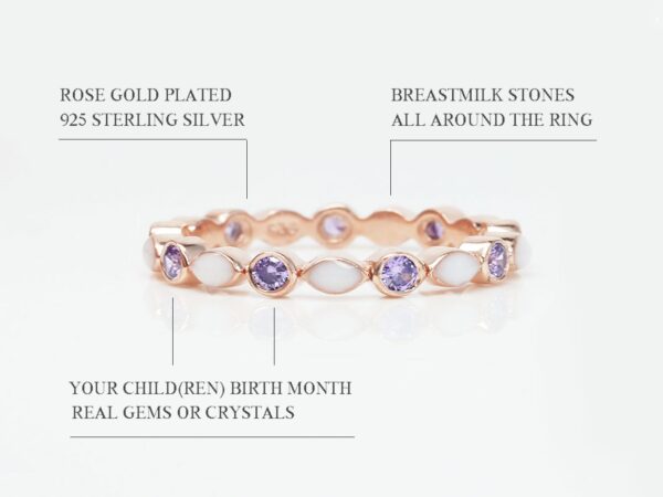 breastmilk sterling silver fine band marquise style ring rose gold plated with breastmilk stones and purple crystals alternating diagram describing features on white background from keepsakemom