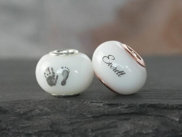 breastmilk jewelry bead with silver rosegold foot print hand print keepsakemom