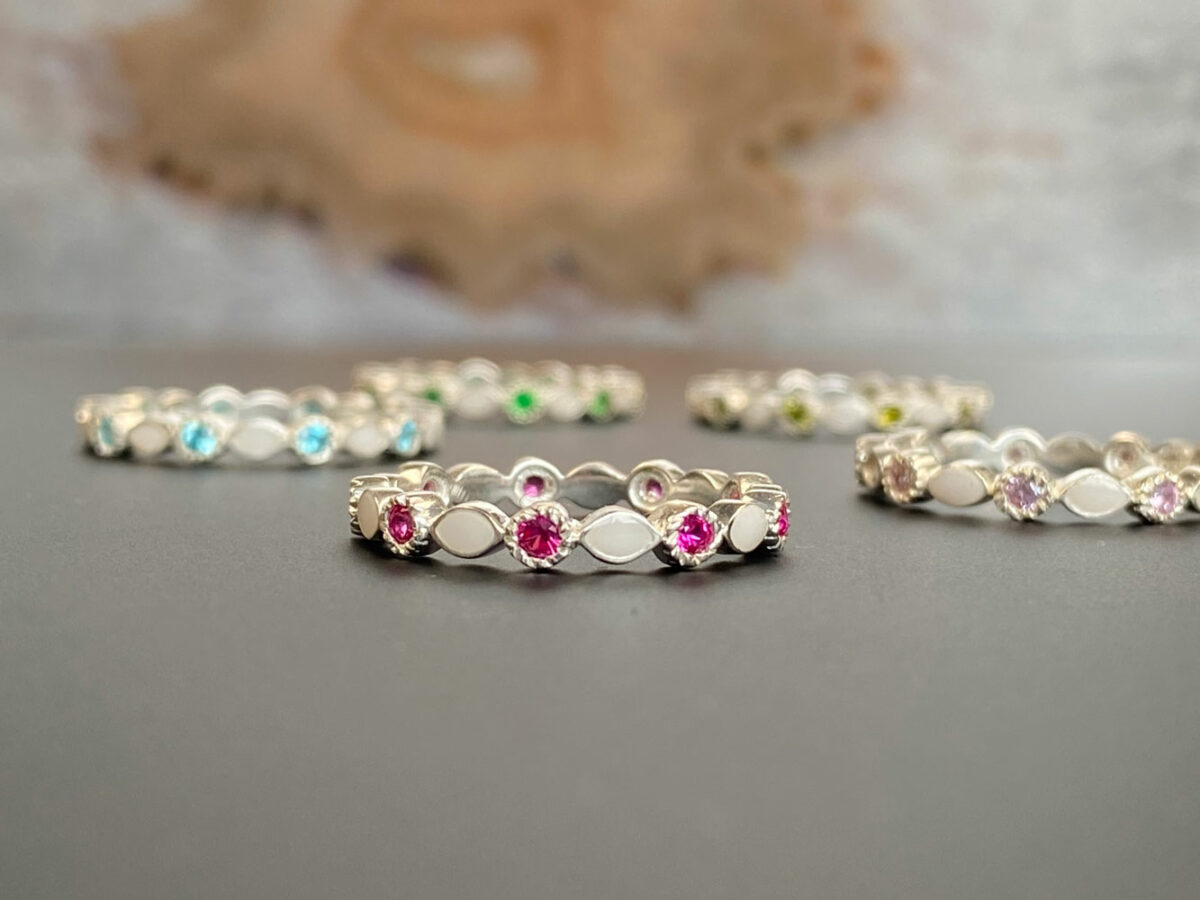breastmilk ring infinity fine stacker band sterling silver white gold colored crystals KeepsakeMom