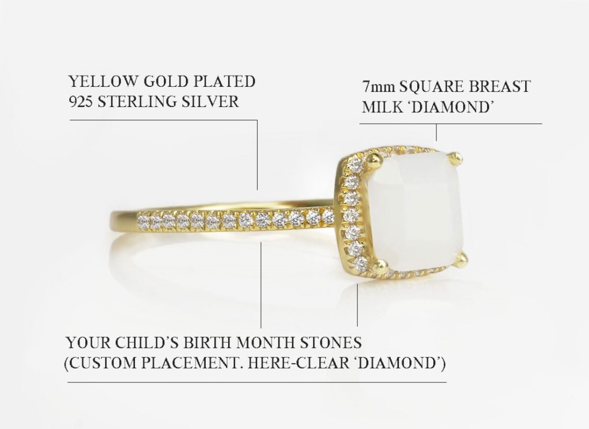 breastmilk sterling silver ring gold plated diagram describing features on white background from keepsakemom