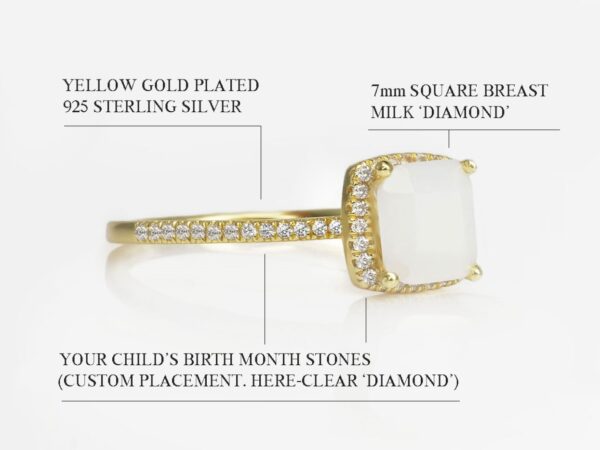 breastmilk sterling silver ring gold plated diagram describing features on white background from keepsakemom