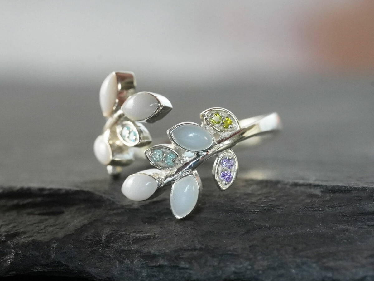 breastmilk jewelry ring mother's embrace leaves birth month crystals KeepsakeMom silver