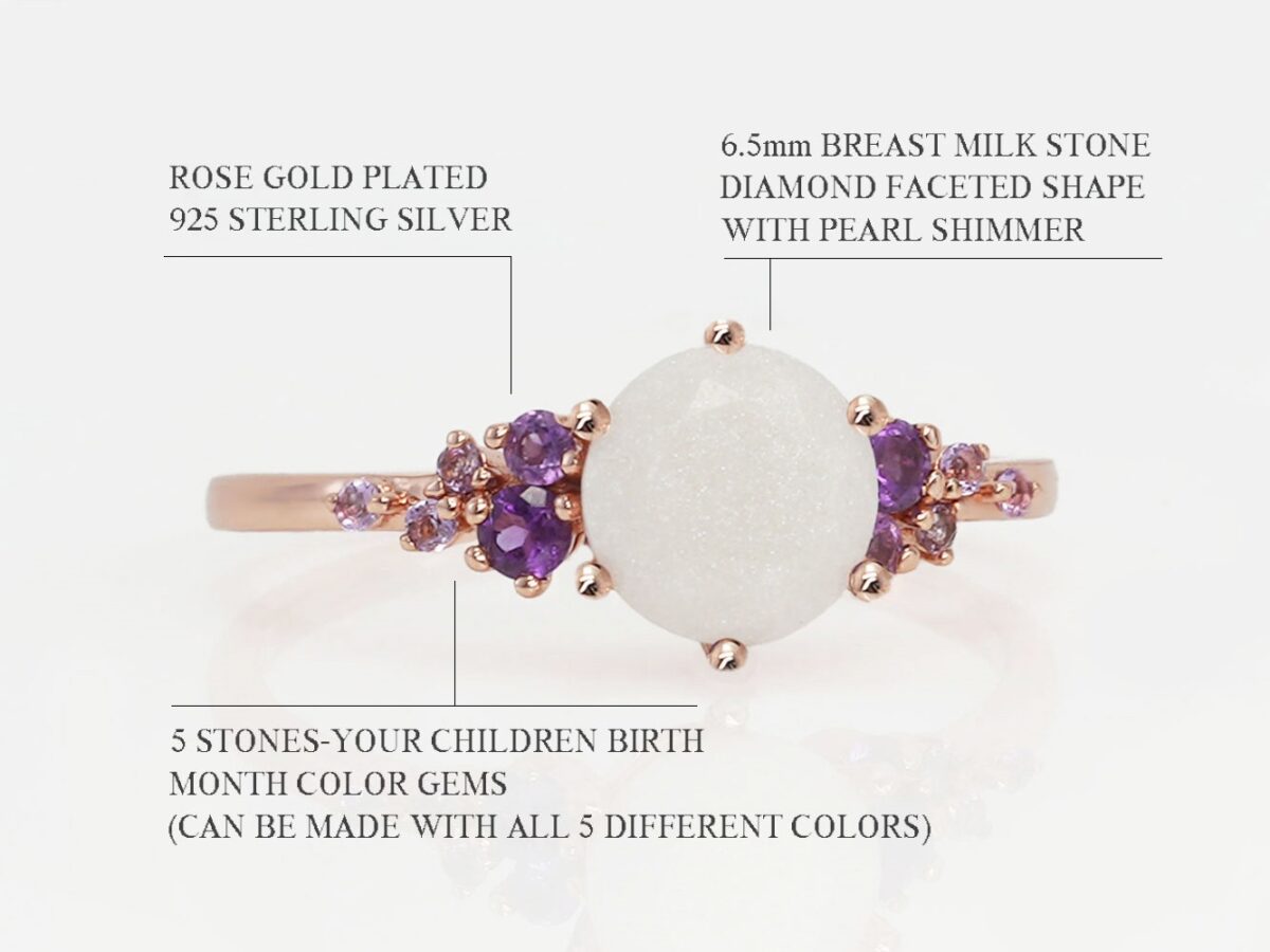 breastmilk rose gold ring with faceted diamond shaped breastmilk stone and amethyst purple gems on the side of the band diagram describing features on white background from keepsakemom
