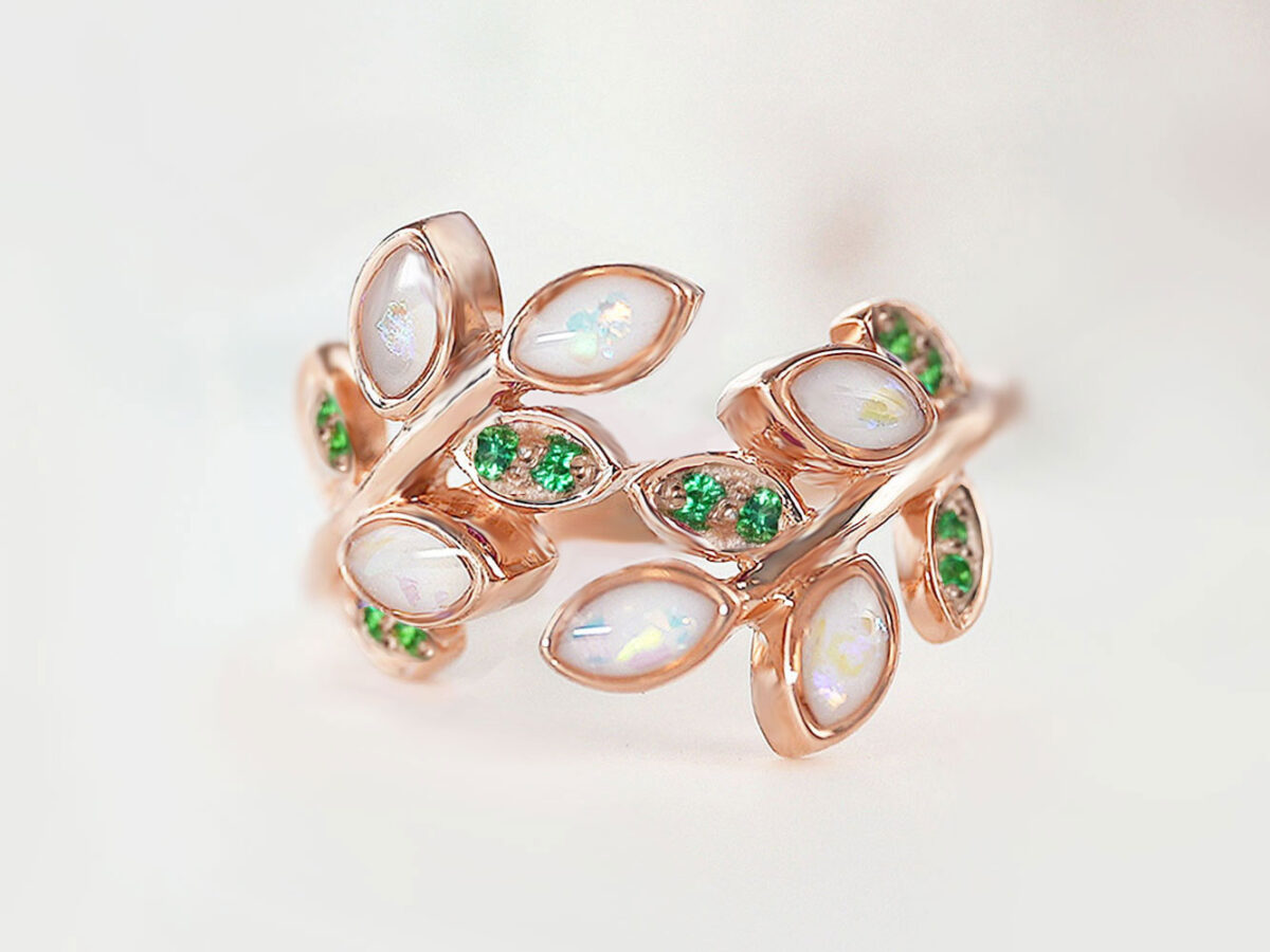 breast milk ring adjustable wide leaves with breast milk and birth month crystals emeralds and rose gold plating with opal flakes from keepsakemom