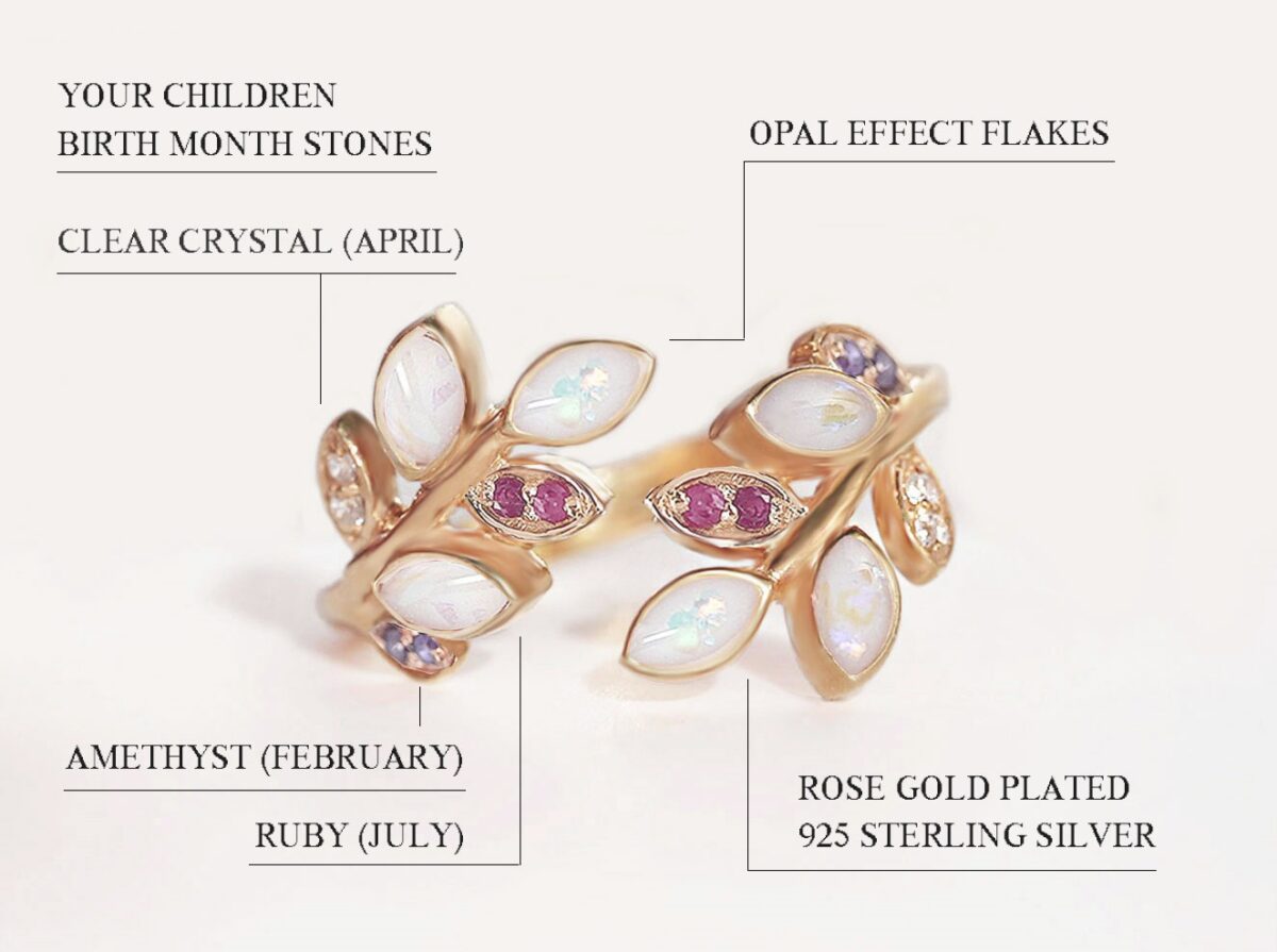 breastmilk sterling silver ring gold plated branch shaped with 6 leaves filled with breastmilk and opal flakes and 6 leaves with birth month color gems pink and purple diagram describing features on white background from keepsakemom