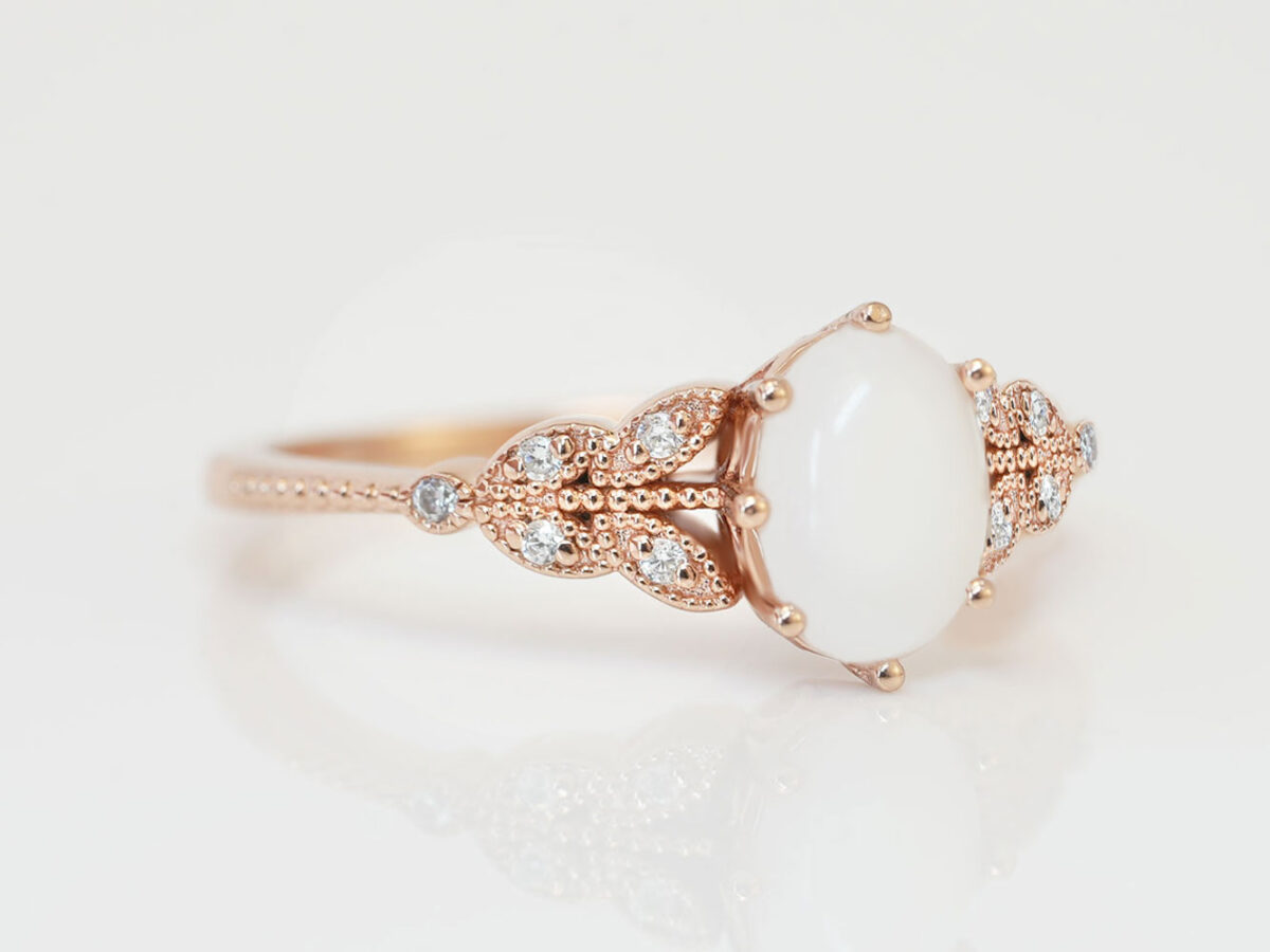 rose gold plated ring oval Breastmilk stone with clear crystals from Keepsake Mom