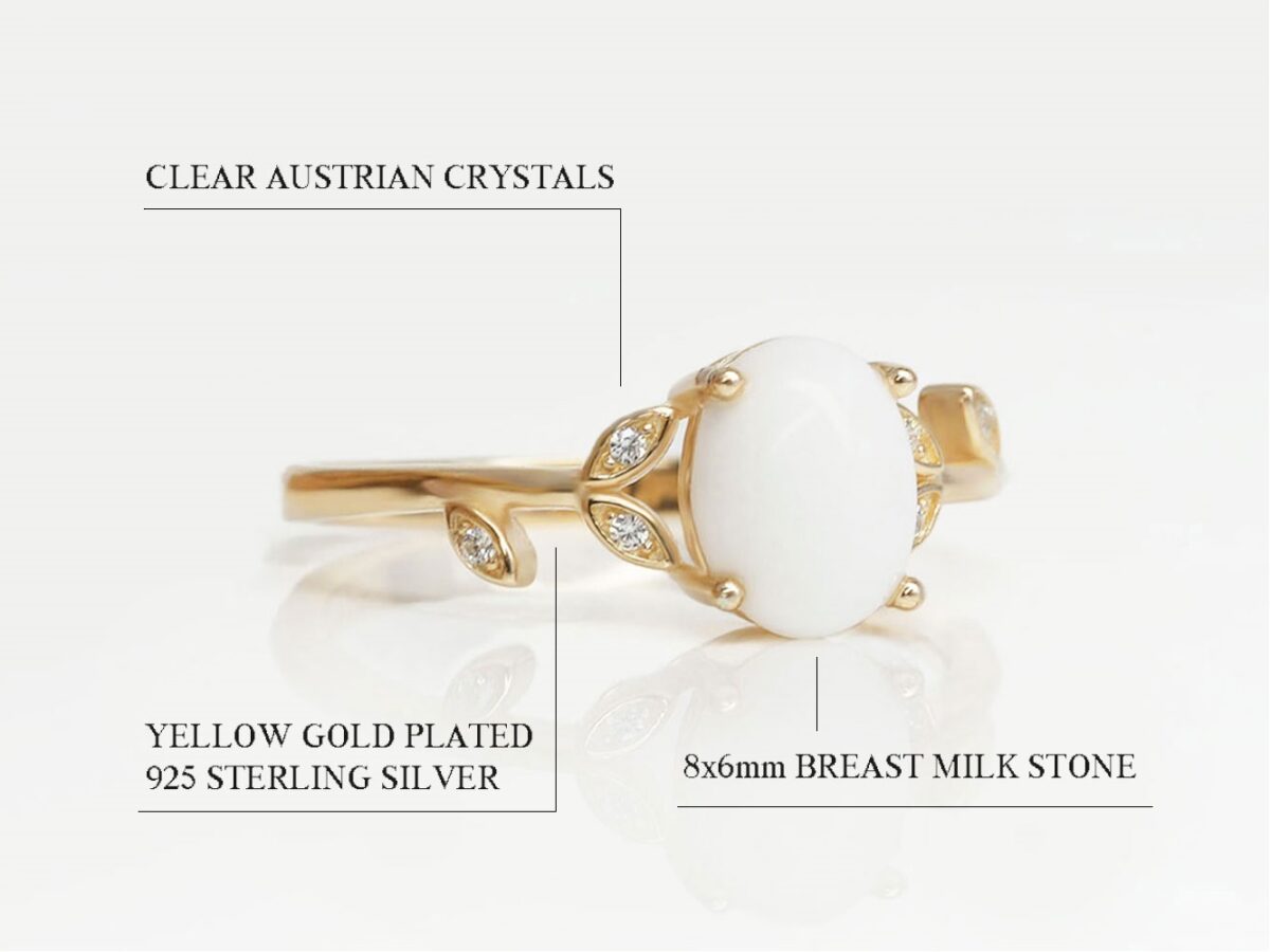 breastmilk sterling silver oval shaped ring yellow gold plated with band branch shaped diagram describing features on white background from keepsakemom