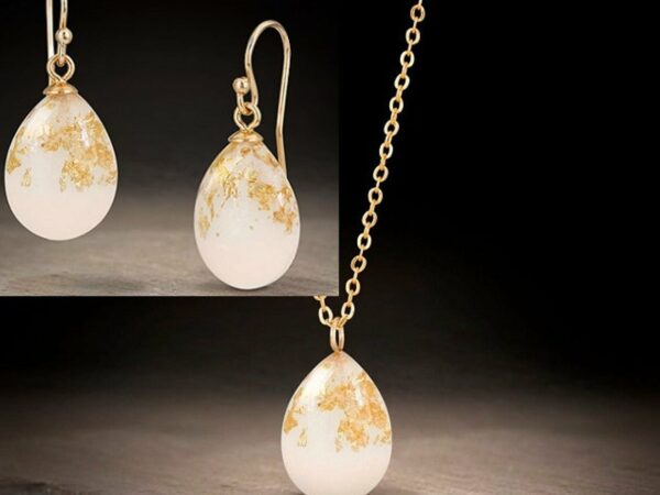 breastmilk jewelry set teardrops earrings and necklace with gold flakes from KeepsakeMom